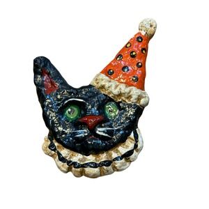 Leanne Brazelton Hand-Painted Black Cat clown hat Pin – Folk Art  3"‎